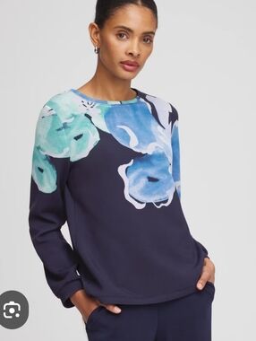 Chico's Zynergy  Blue Floral Crewneck Sweatshirt with Aqua & Light Blue Blooms